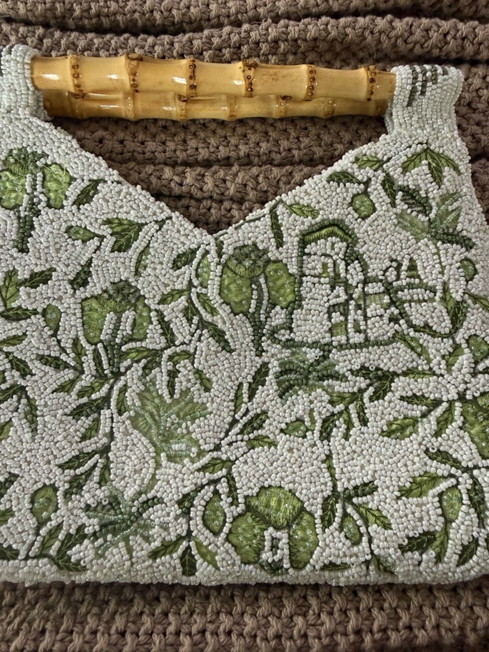 White Beaded Shoulder Bag with Green Floral Embroidery and Bamboo Handle - Picture 2 of 2